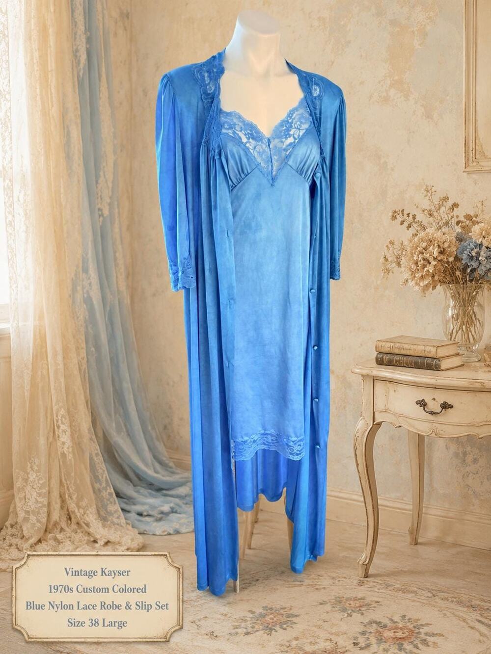 Vintage Kayser Custom Colored 1970s Blue Nylon Lace Robe Slip Set Large 38